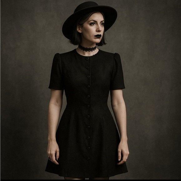 Vintage Black Floral Dress button down small - Picture 5 of 5